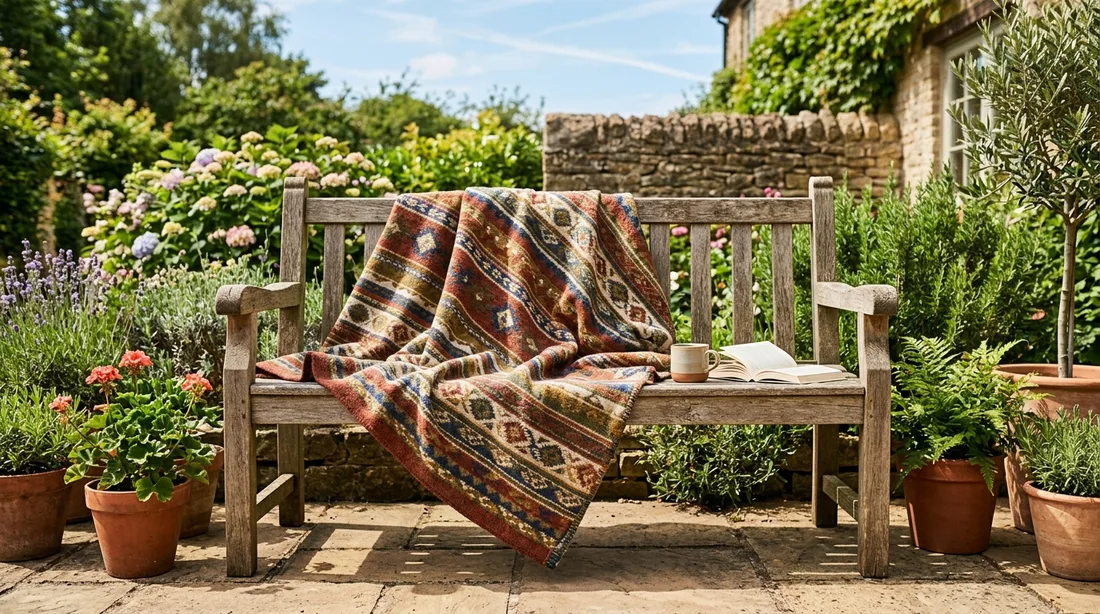 Gemusterte Kuscheldecke über eine Gartenbank auf einer Terrasse im Freien drapiert