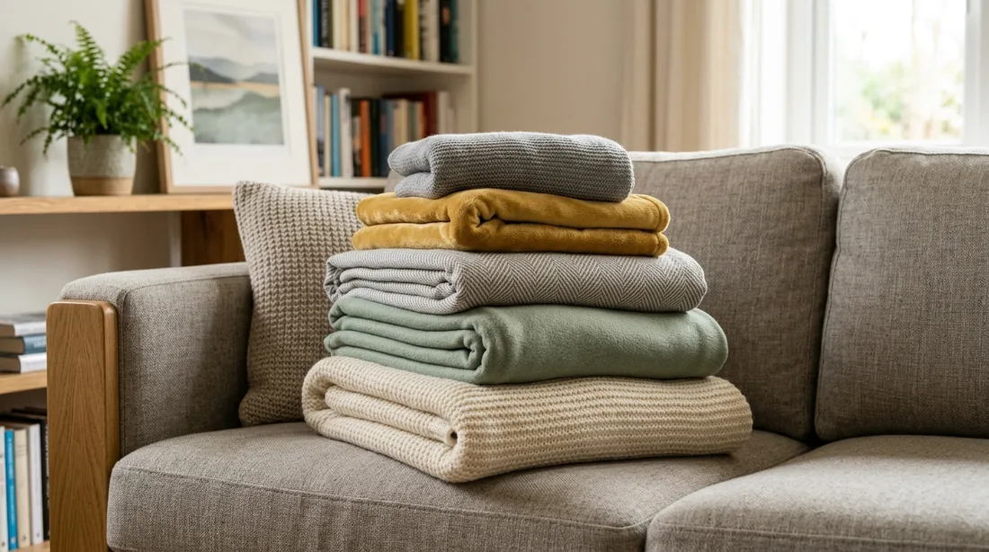 Stapel zusammengelegter Kuscheldecken auf einem Sofa