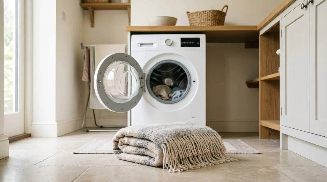 Kuscheldecke vor einer geöffneten Waschmaschine